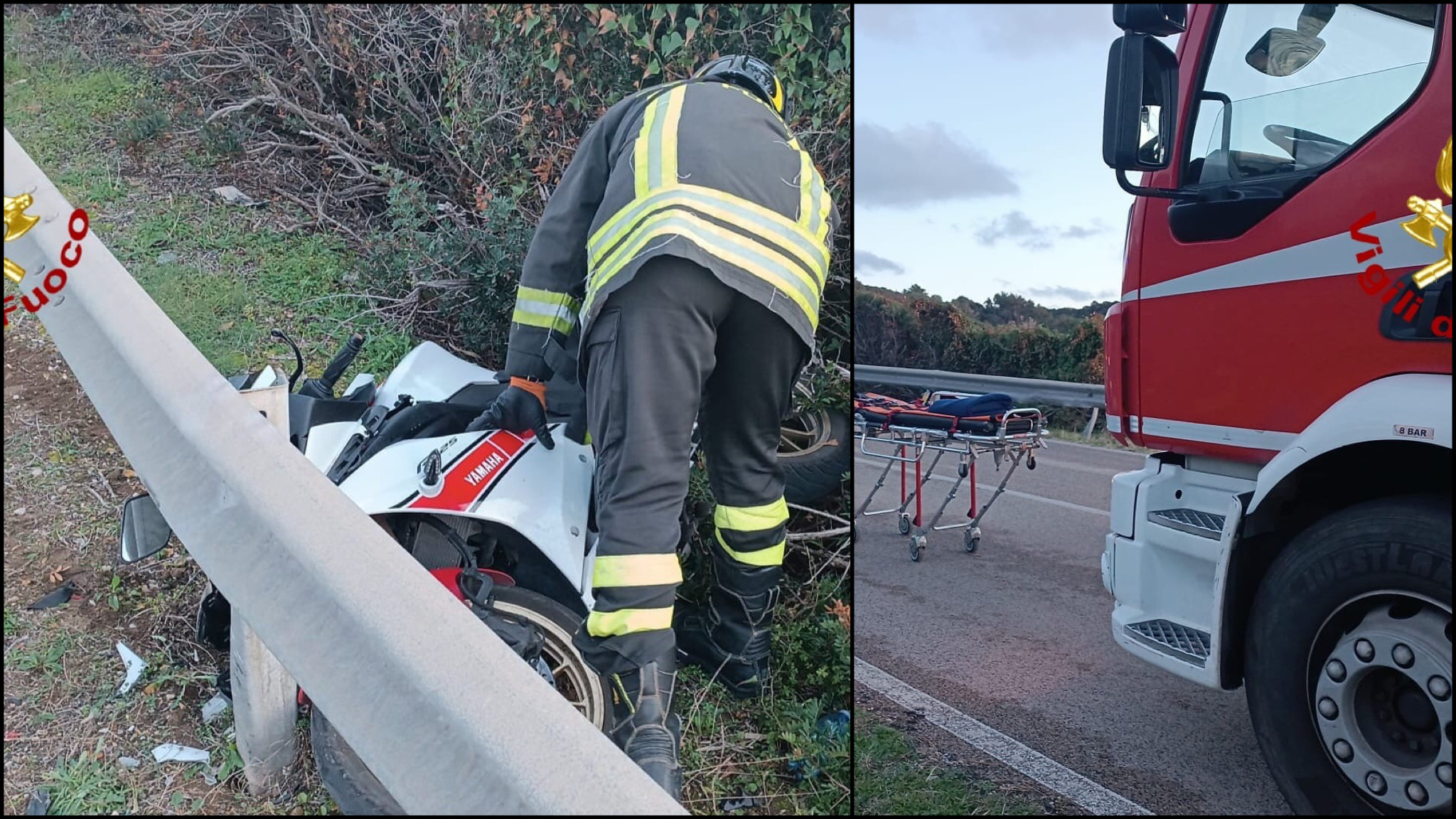 Moto finisce fuori strada: sbalzata oltre il guardrail