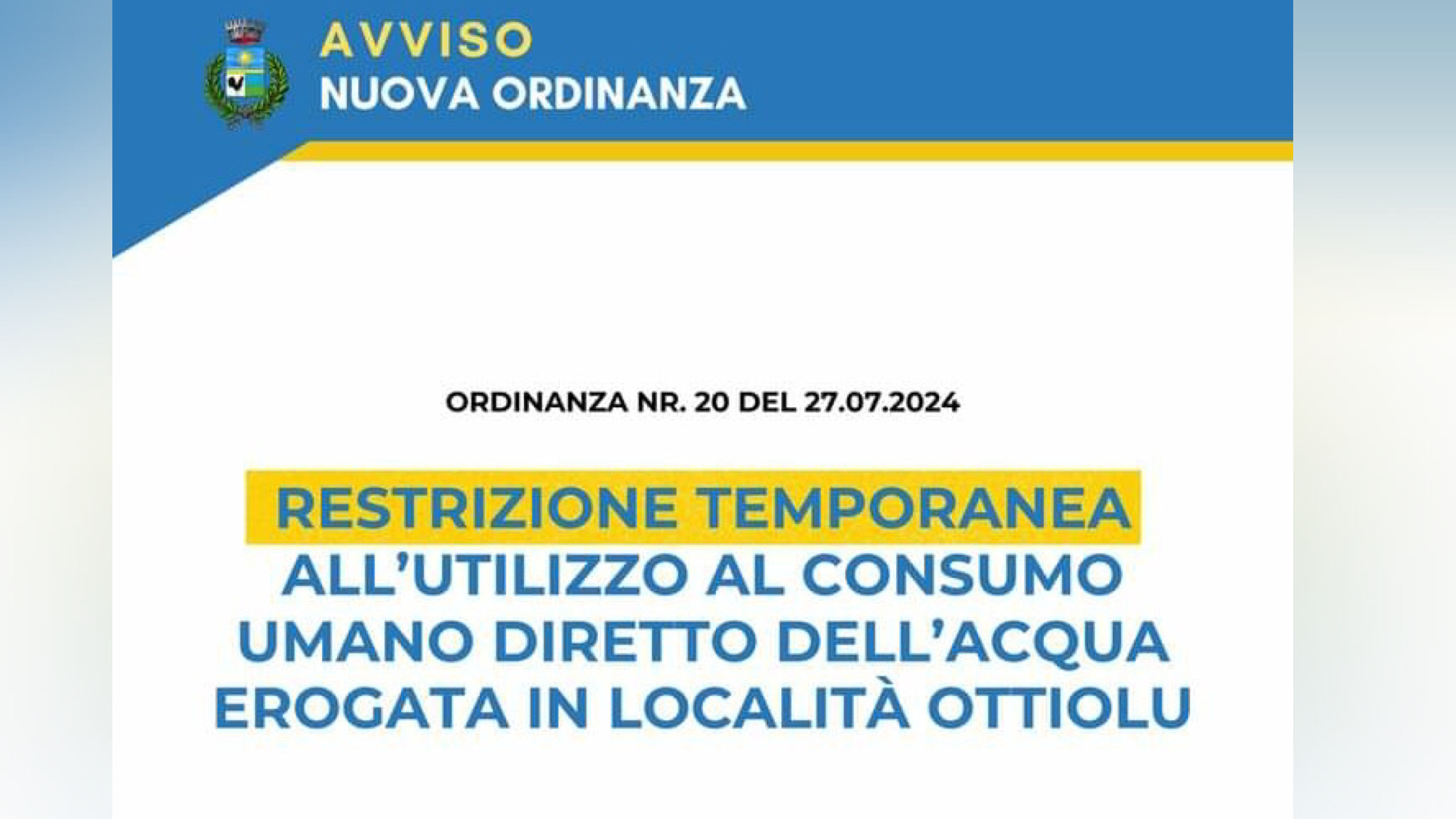 Budoni: a Ottiolu divieto di utilizzo dell’acqua