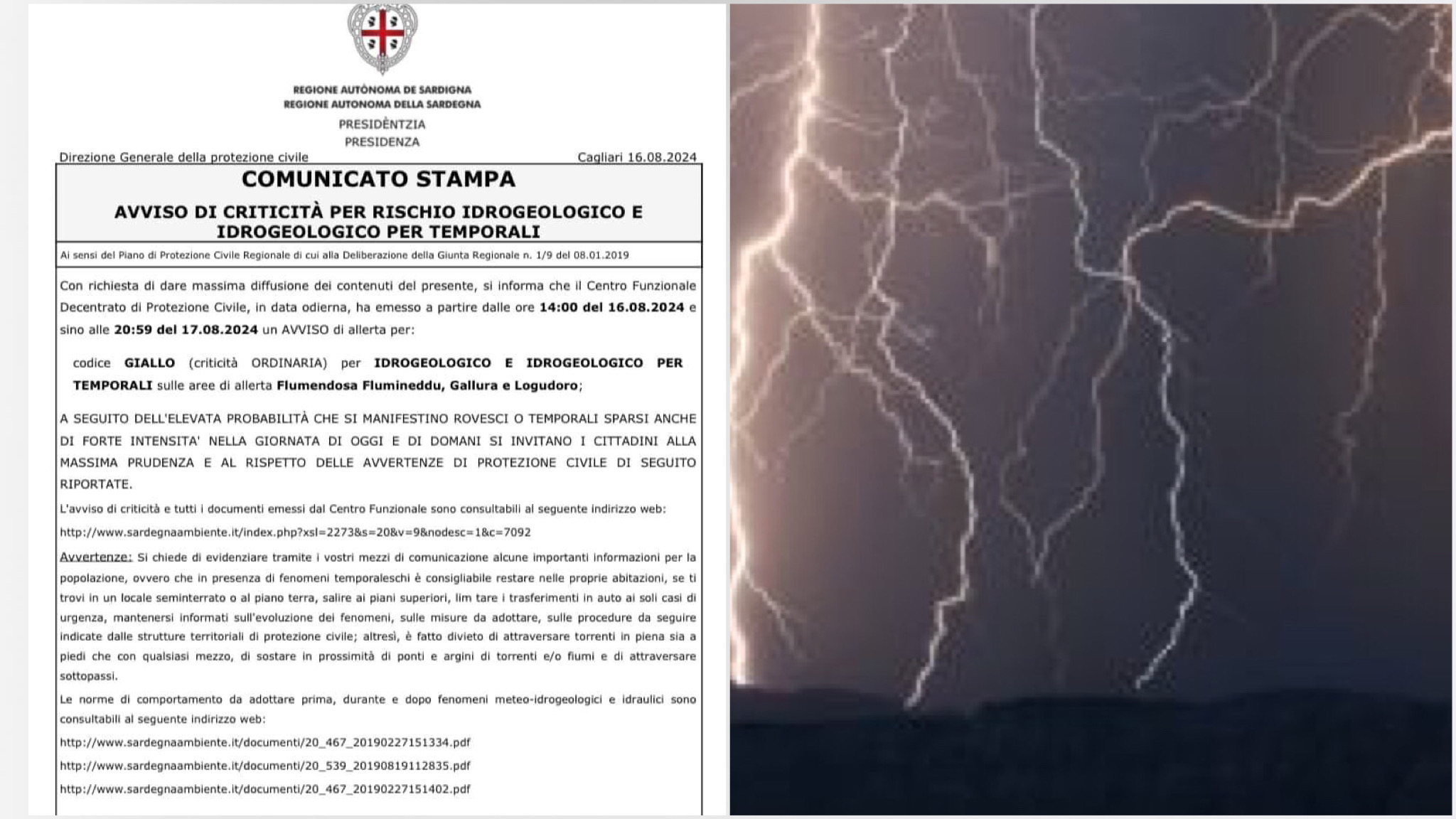 Gallura: nuova allerta per rischio idrogeologico per temporali