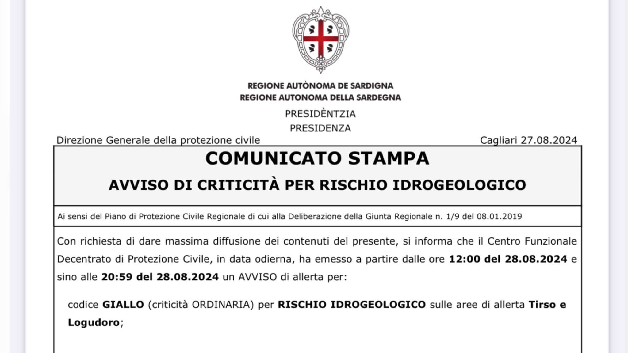 Logudoro e Tirso: allerta per rischio idrogeologico 