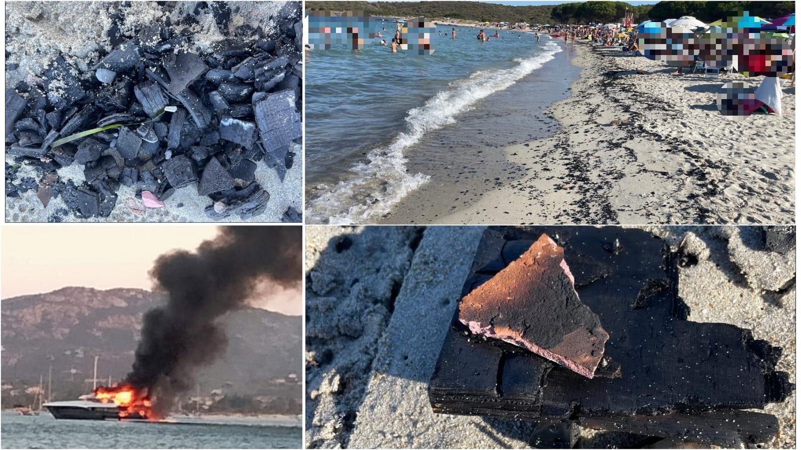 Olbia: spiaggia di Pittulongu invasa dai detriti dello yacht incendiato alle Saline