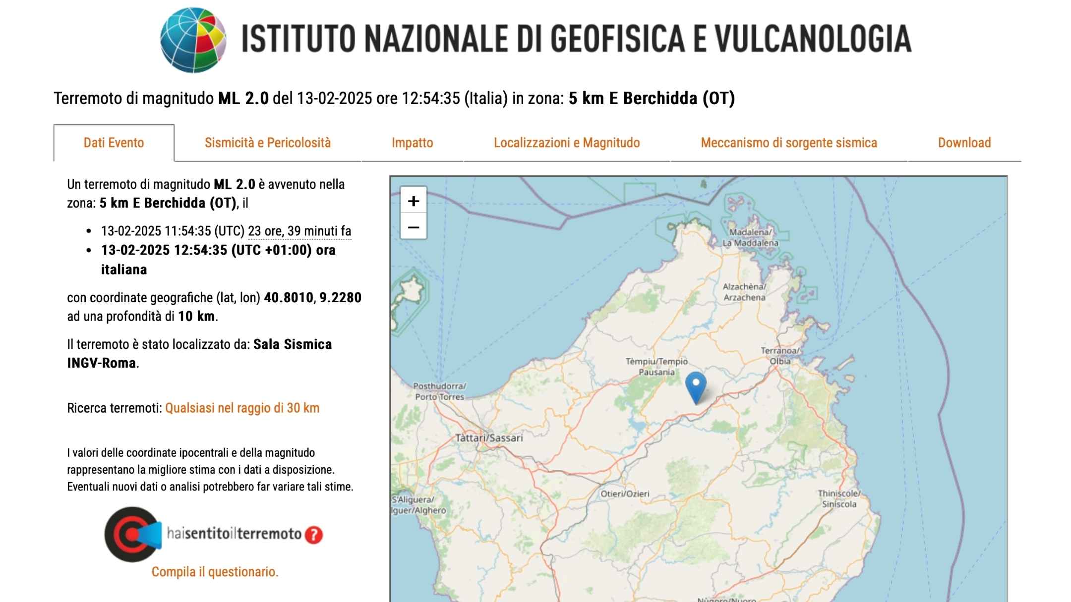 Scossa di terremoto a Berchidda: magnitudo 2.0, nessun danno segnalato